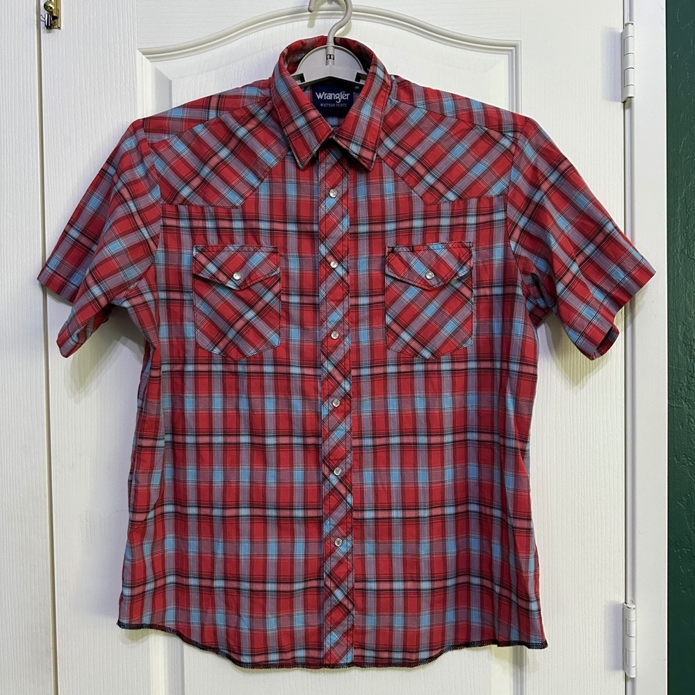 Wrangler Western Shirt Large Red Blue Plaid Pearl Snap Short Sleeve Cowboy Rodeo